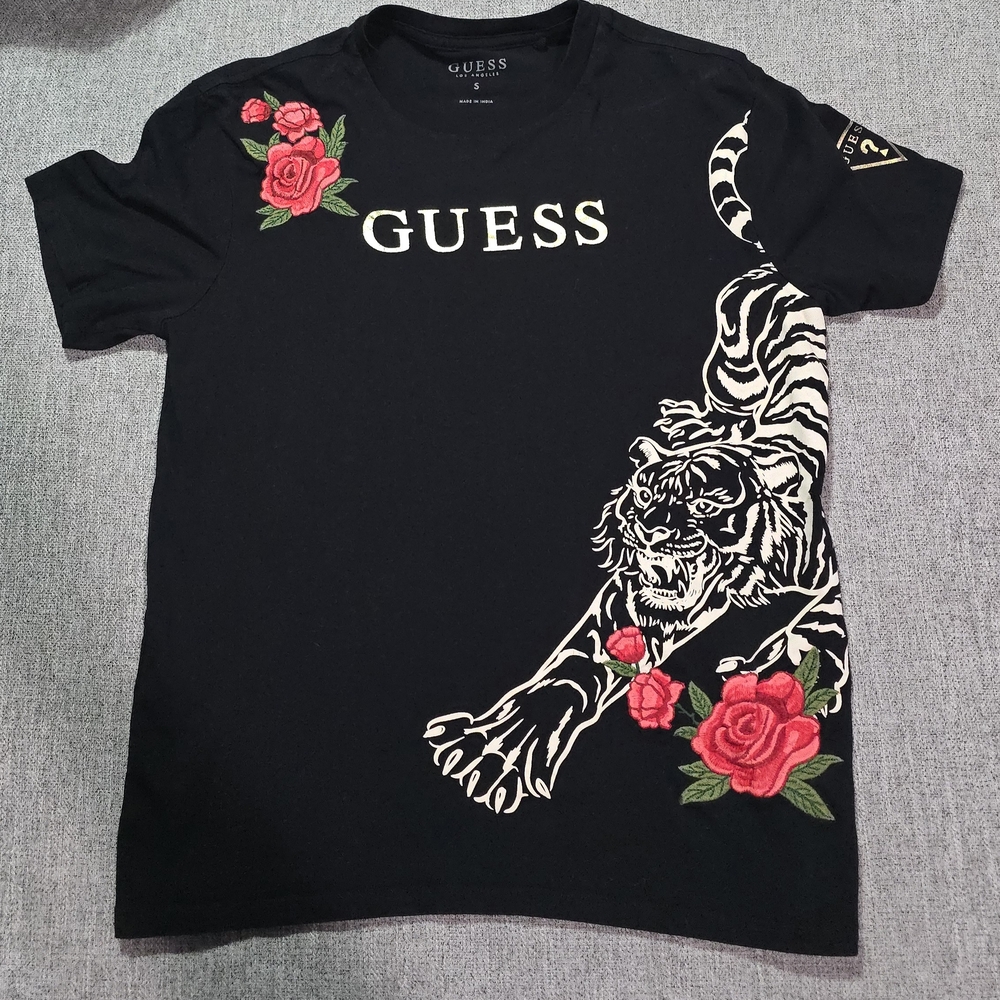 Used GUESS Black T-Shirt with Embroidered Tiger & Roses (Size S)